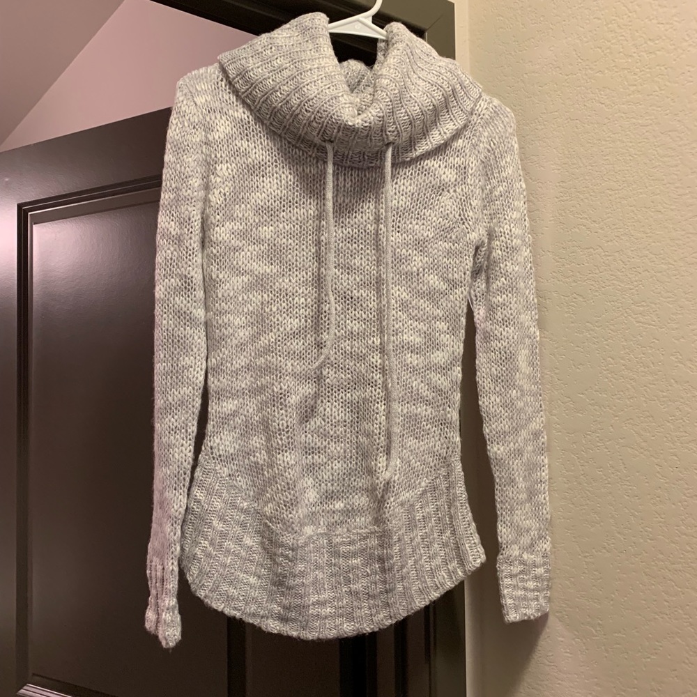 Grey Drawstring Cowl Neck Pullover Sweater Small S